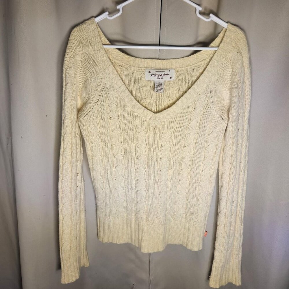 Vintage Aeropostle Butter Yellow Cable Knit V Neck Sweater